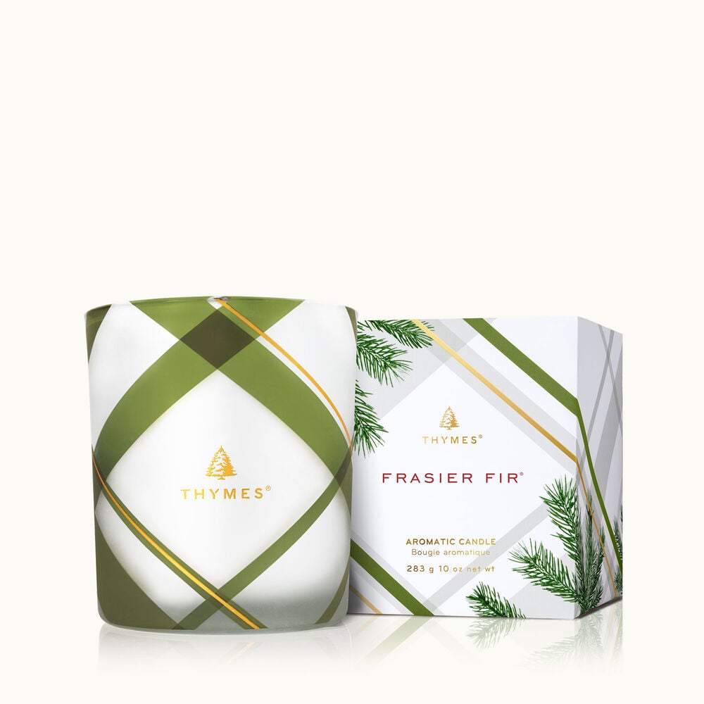 Thymes Frasier Fir Frosted Plaid Medium Candle is a Christmas Candle image number 0